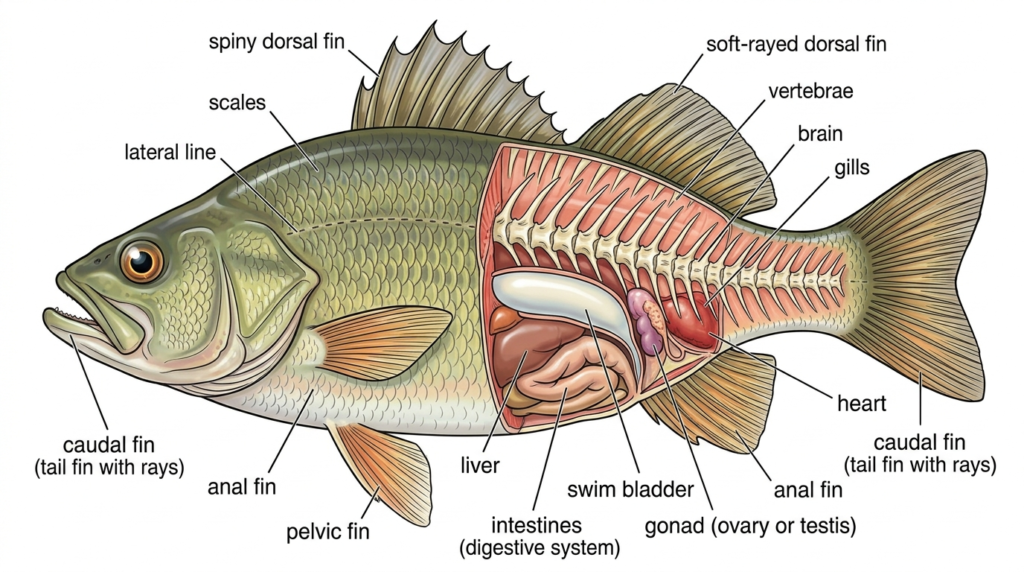 Labeled diagram of fish anatomy showing fins, gills, scales, lateral line, swim bladder, heart, and internal organs structure”