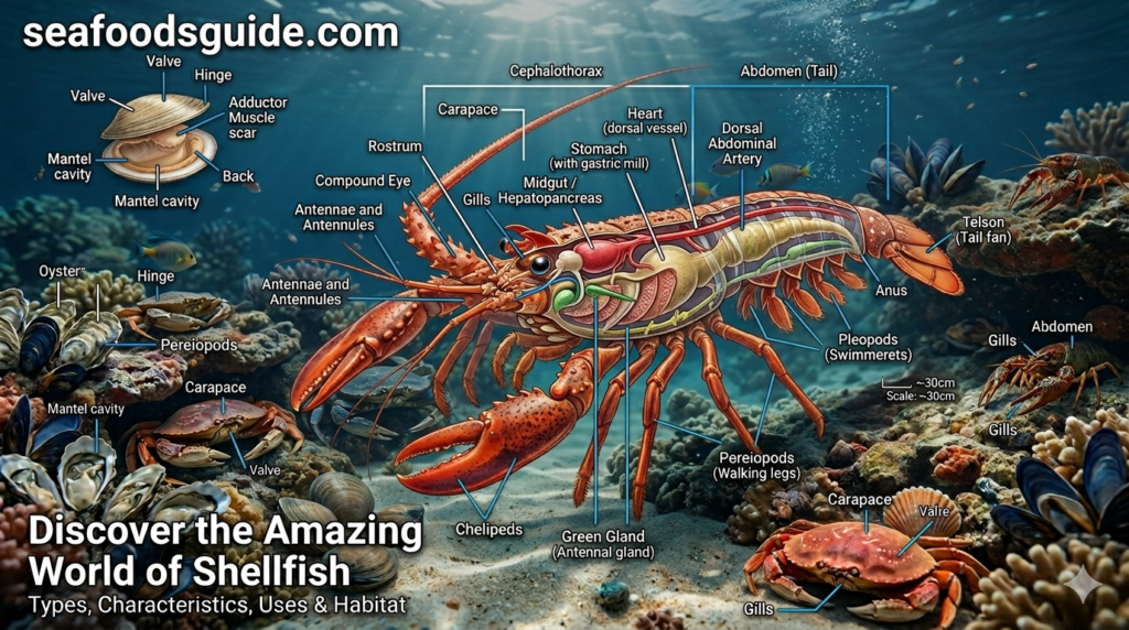 Detailed shellfish anatomy diagram showing lobster, crab, oyster, and mollusk body parts in an underwater marine ecosystem.