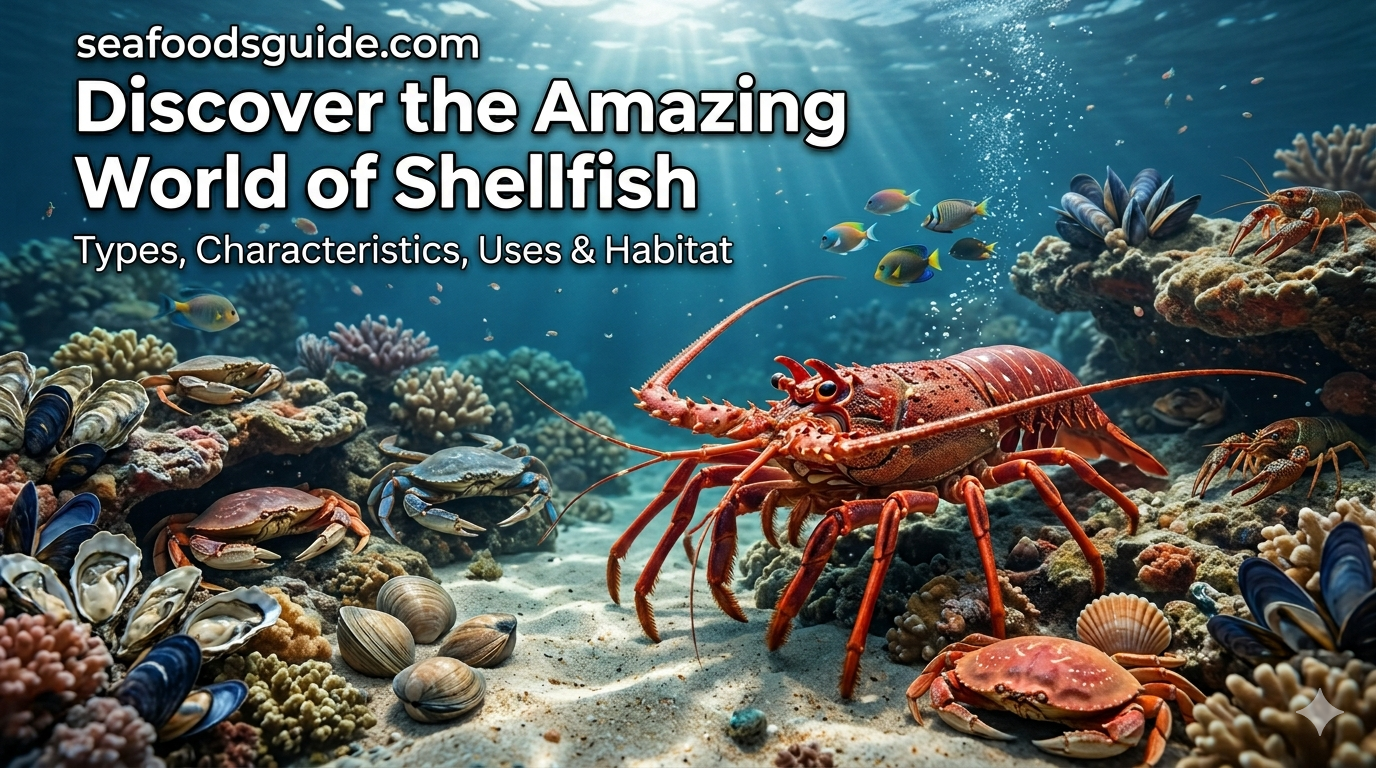 Colorful underwater shellfish scene with lobster, crabs, oysters, mussels, and coral reefs representing shellfish types, habitat, and uses.