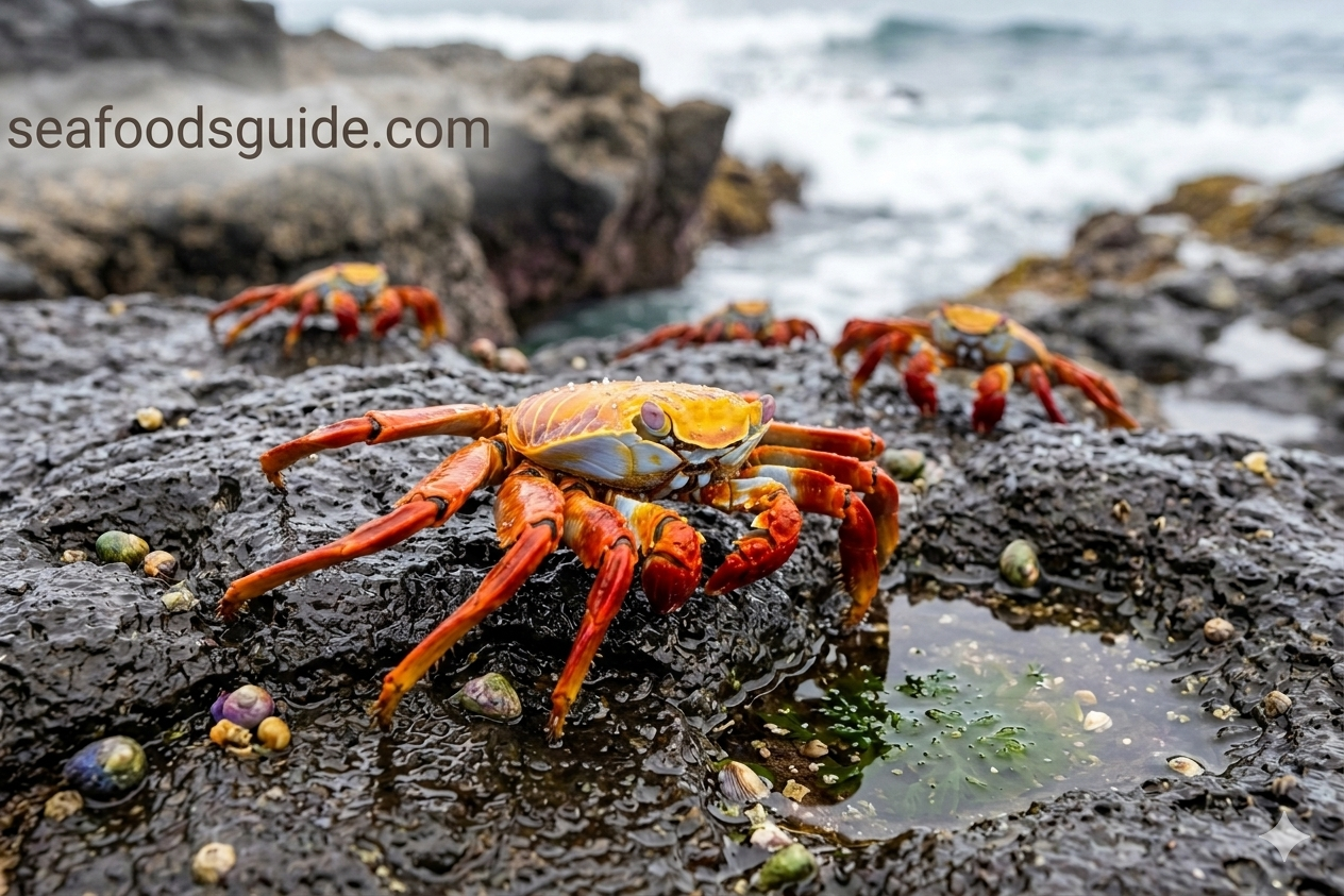 A collection of crustaceans including a crab, lobster, shrimp, crayfish, and krill in a vibrant underwater ecosystem.