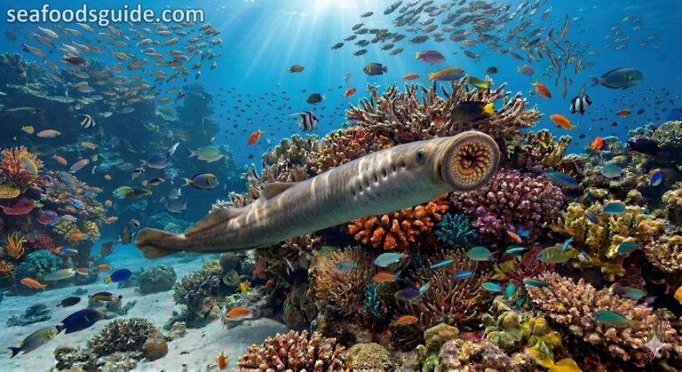 A jawless fish swimming underwater, showing its eel-like body and circular mouth in a natural aquatic environment.