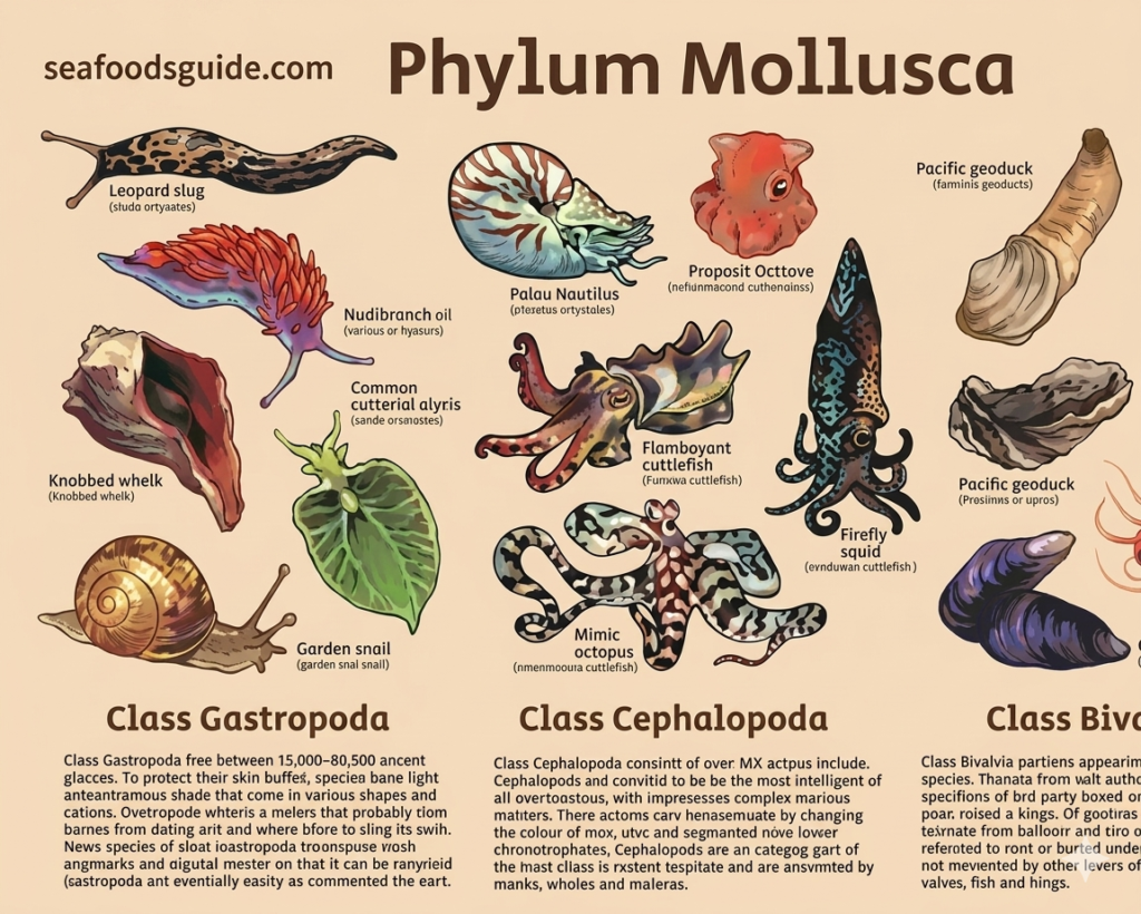 Collection of molluscan species including snails, clams, mussels, squids, and octopuses showcasing their diversity and unique features.