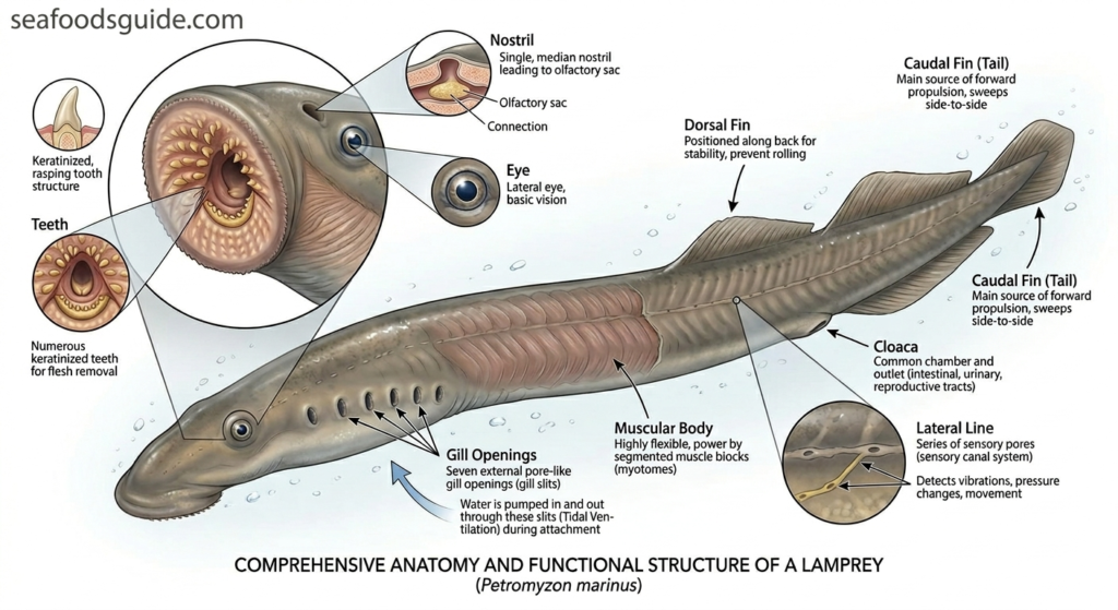 Jawless Fish Anatomy with Labeled Parts