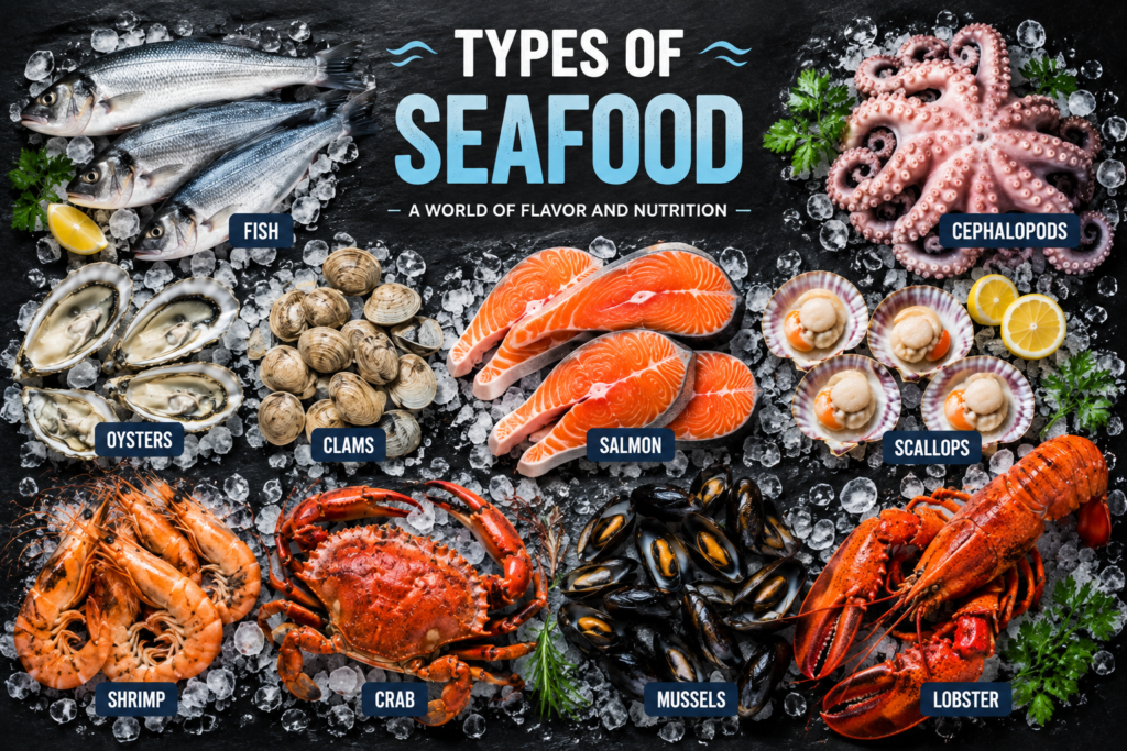 Types of seafood including fish and shellfish