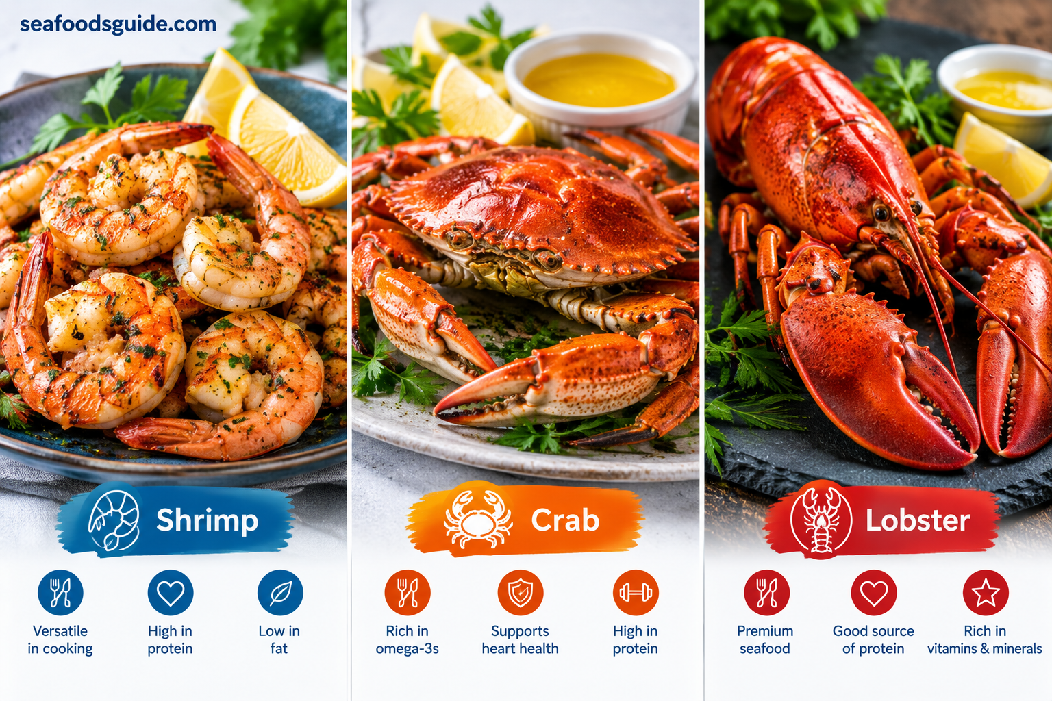 Shrimp, crab, and lobster seafood infographic