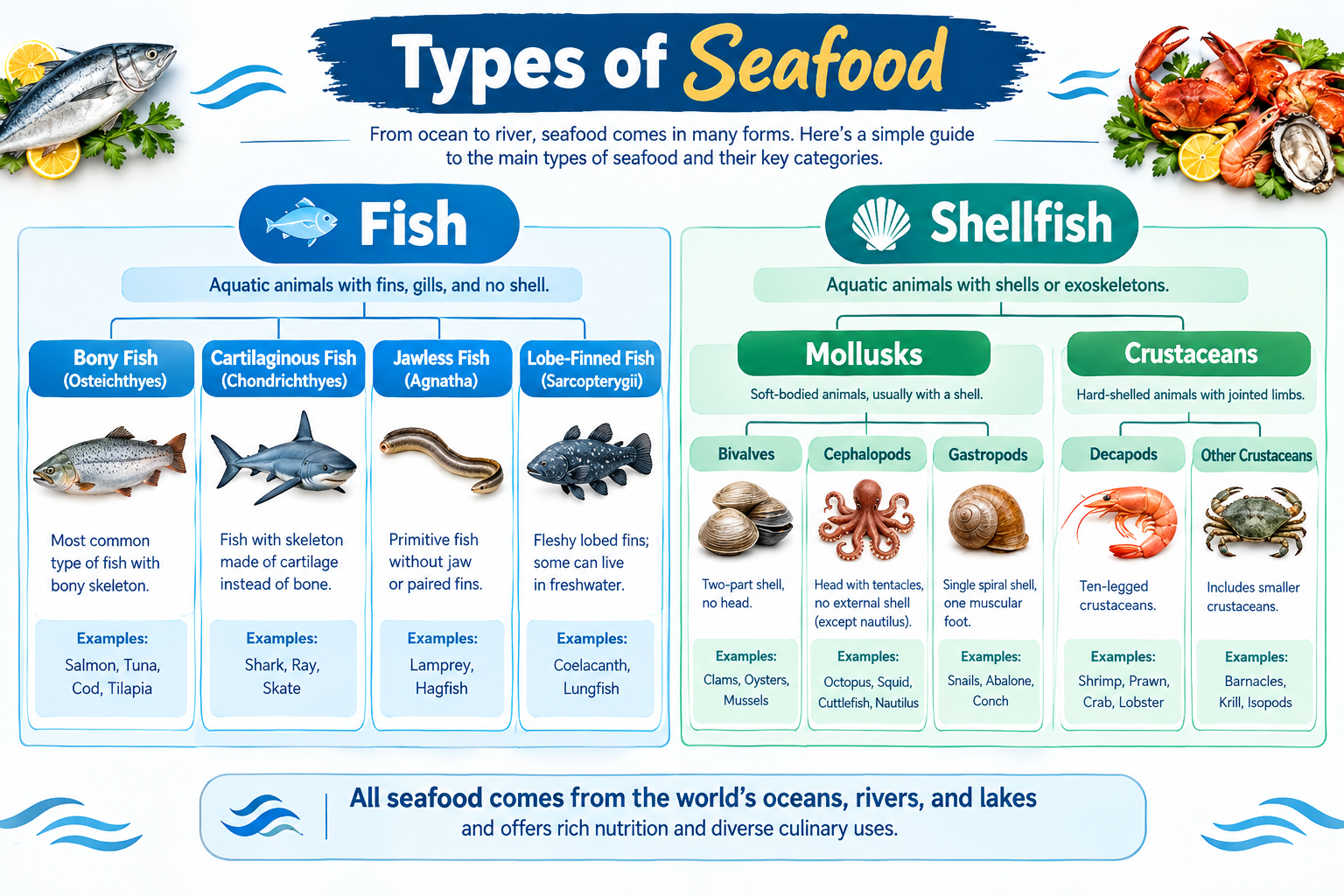 Types of seafood divided into fish and shellfish